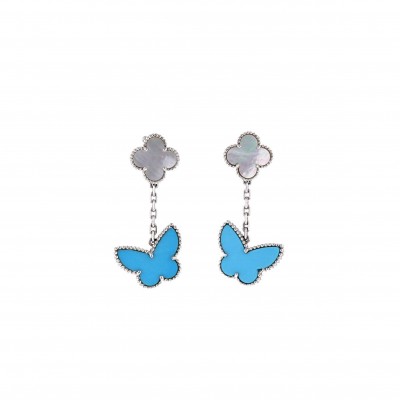 VAN CLEEF ARPELS LUCKY ALHAMBRA PENDANTS EARRINGS IN WHITE GOLD, MOTHER OF PEARL AND TURQUOISE 