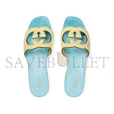 GUCCI INTERLOCKING G CUTOUT SLIDE SANDALS YELLOW LIGHT BLUE 694451 GUCCI INTERLOCKING G CUTOUT SLIDE SANDALS YELLOW LIGHT BLUE 694451