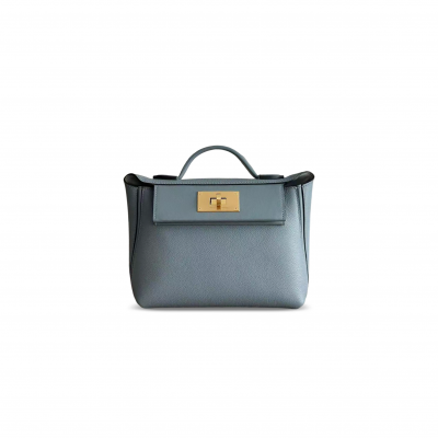HERMES MINI 2424 21 BLEU LIN EVERCOLOR AND SWIFT GOLD HARDWARE (21*16*12cm)