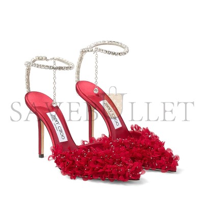 JIMMY CHOO SAEDA 100RUBY RED MESH PUMPS WITH PETAL EMBROIDERY SAEDA100BSR