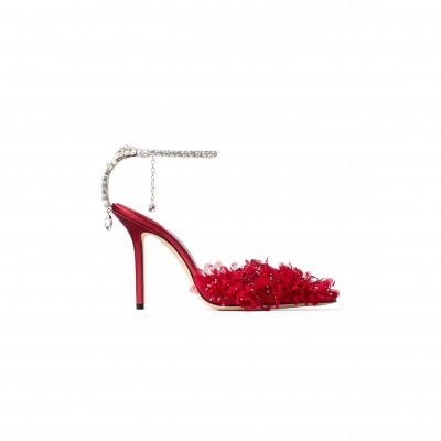 JIMMY CHOO SAEDA 100RUBY RED MESH PUMPS WITH PETAL EMBROIDERY SAEDA100BSR