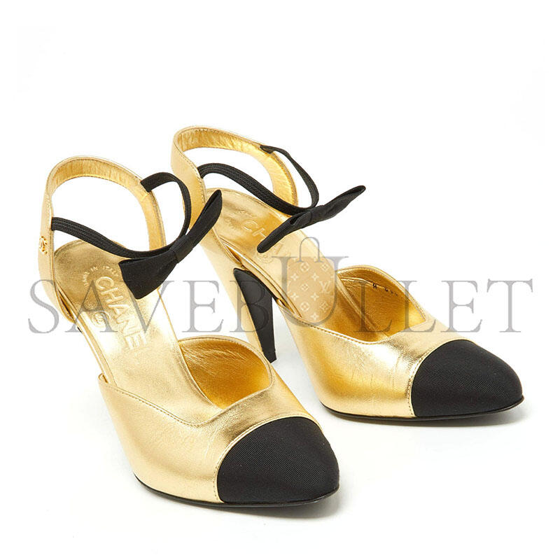 CHANEL GOLD BLACK LEATHER CAP TOE SLINGBACK SANDALS 