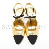 CHANEL GOLD BLACK LEATHER CAP TOE SLINGBACK SANDALS 