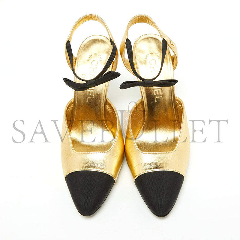 CHANEL GOLD BLACK LEATHER CAP TOE SLINGBACK SANDALS 