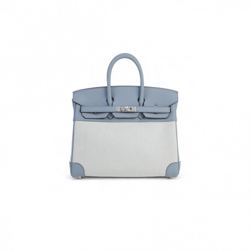 HERMES BIRKIN 25 BLEU GLACIER SWIFT AND TOILE H CANVAS PALLADIUM HARDWARE (25*20*13cm)
