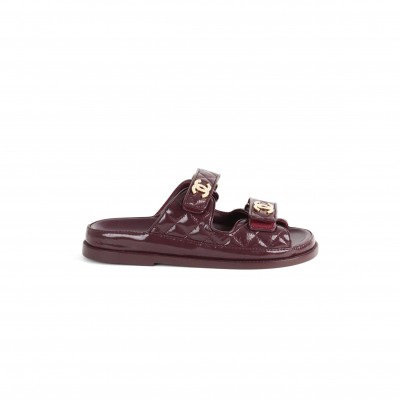 CHANEL PATENT MULE SLIDES BURGUNDY RED