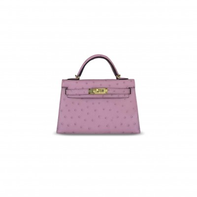 HERMES MASTER MINI KELLY ROSE BUBBLEGUM OSTRICH GOLD HARDWARE (19*12*5.5cm)