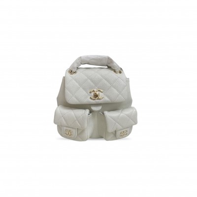 CHANEL MASTER SHINY CAVIAR QUILTED SMALL DUMA POCKETS DRAWSTRING BACKPACK WHITE (18*17*10cm) 