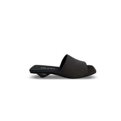 PRADA SATIN LOGO-HEEL SLIDE SANDALS