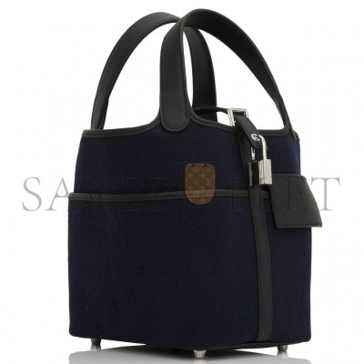 HERMES PICOTIN CARGO 18 BLEU MARINE AND BLACK SWIFT AND TOILE CANVAS PALLADIUM HARDWAR(18*13*18cm) HERMES PICOTIN CARGO 18 BLEU MARINE AND BLACK SWIFT AND TOILE CANVAS PALLADIUM HARDWAR(18*13*18cm)