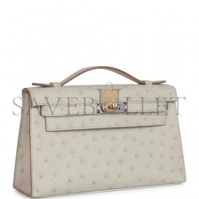 HERMES MINI KELLY POCHETTE GRIS PERLE OSTRICH PALLADIUM HARDWARE (22*14*7cm) HERMES MINI KELLY POCHETTE GRIS PERLE OSTRICH PALLADIUM HARDWARE (22*14*7cm)