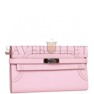HERMES GHILLIES KELLY WALLET ROSE SAKURA SWIFT PALLADIUM HARDWARE (20cm) HERMES GHILLIES KELLY WALLET ROSE SAKURA SWIFT PALLADIUM HARDWARE (20cm)